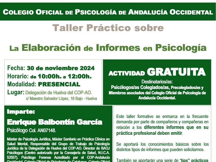 Cartel del taller práctico sobre la elaboración de informes en psicología impartido por Enrique Balbontín